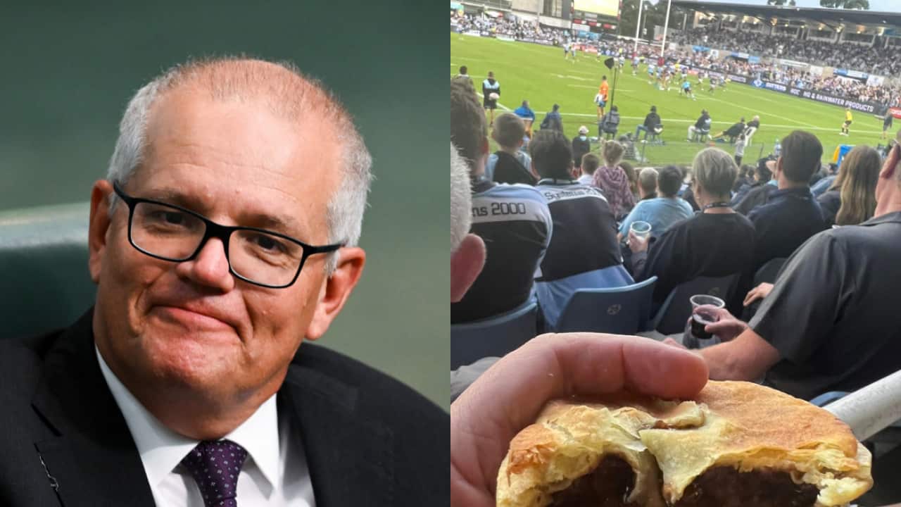 A collage of a bespectacled man in a suit and a person holding a meat pie.