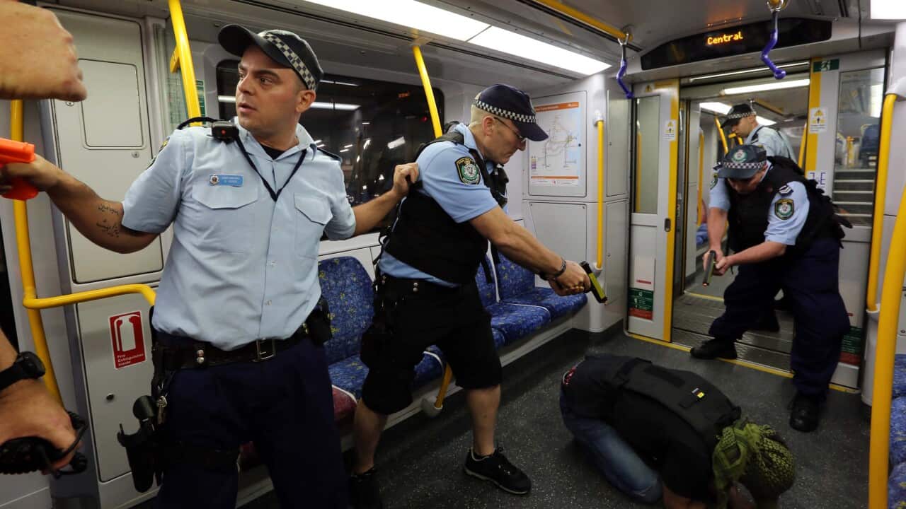 NSW Police undergo training exersice in the case of a high-risk incident at Centrail Railway Station.