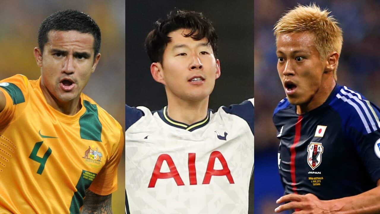 Tim Cahill (L), Son Heung-min (C), Keisuke Honda