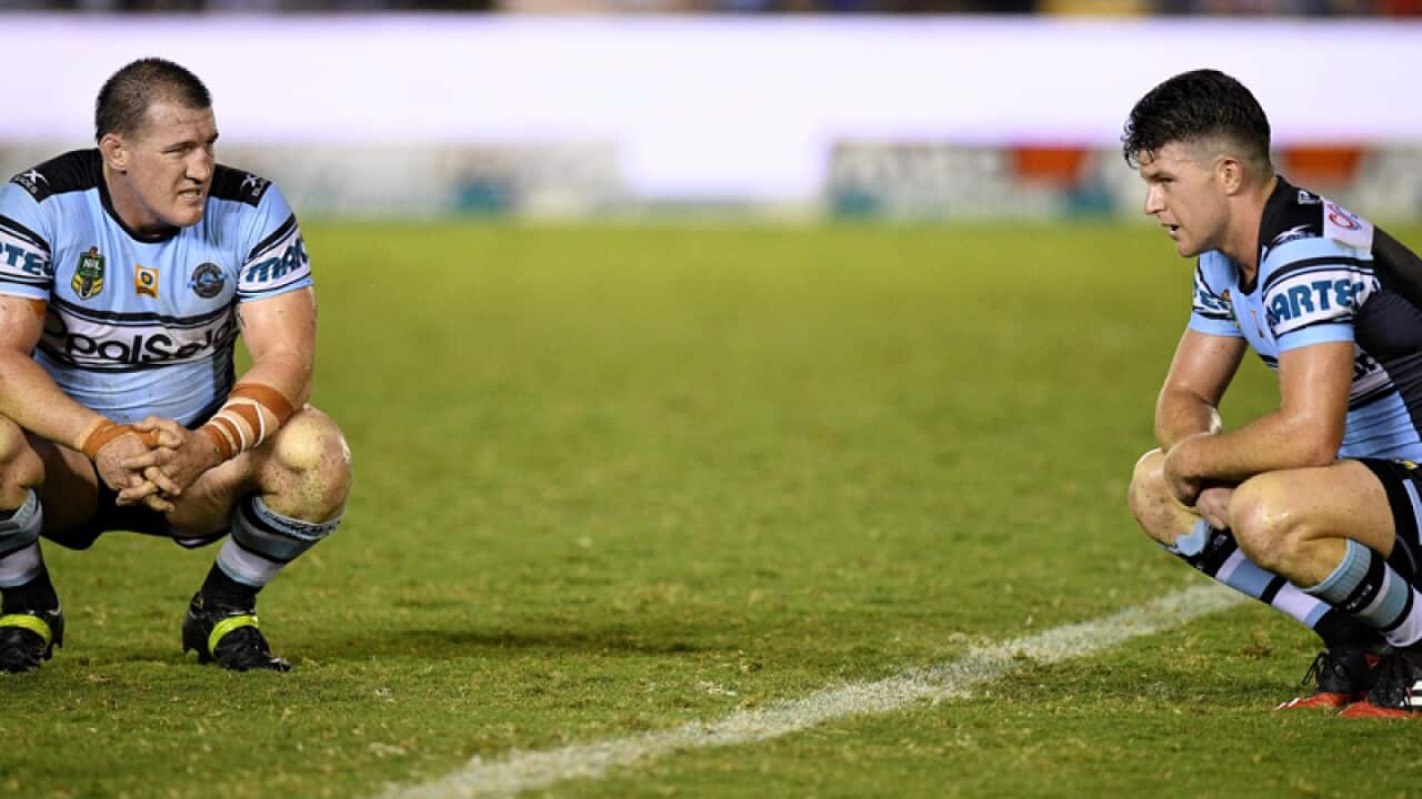 Sharks players Paul Gallen (L) and Chad Townsend