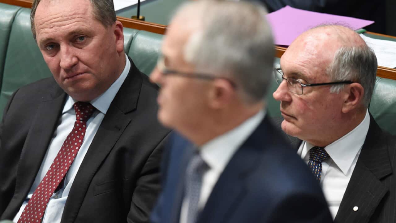 Barnaby Joyce (L), Malcolm Turnbull (c) and Warren Truss.