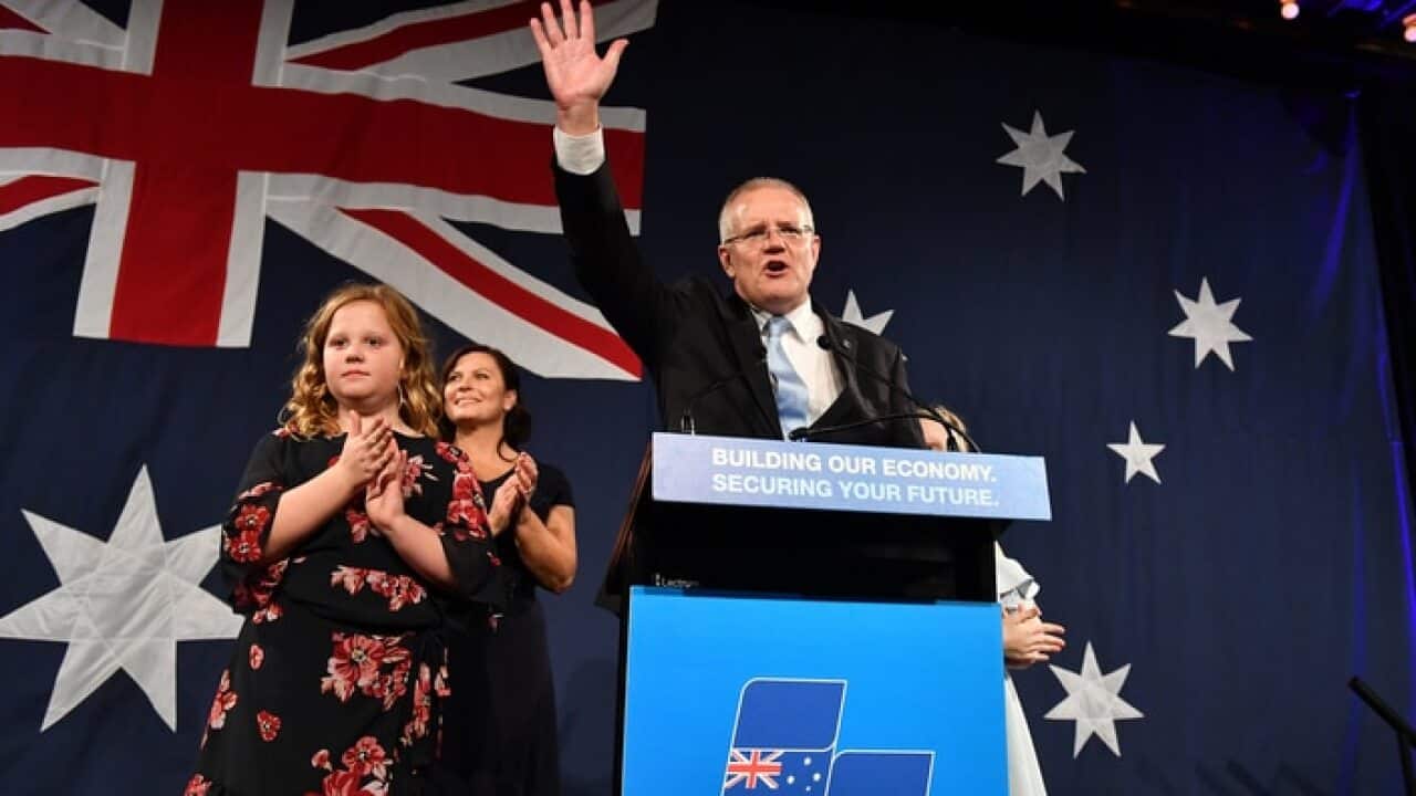 Prime Minister Scott Morrison on election night at the Wentworth Sofitel Hotel, Sydney
