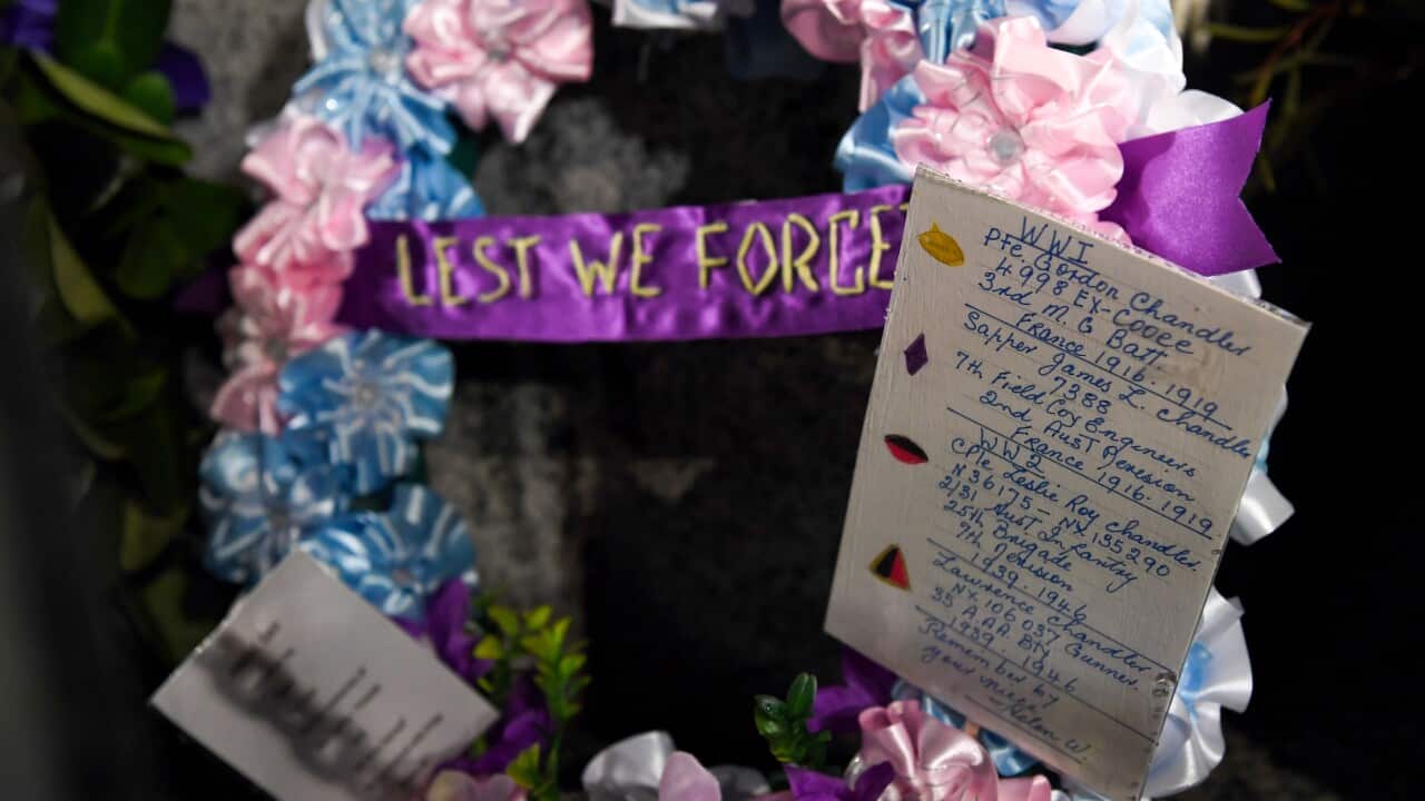 Wreaths are placed on the Cenotaph during the Anzac Day Dawn Service at Martin Place in Sydney, Monday, April 25, 2022.