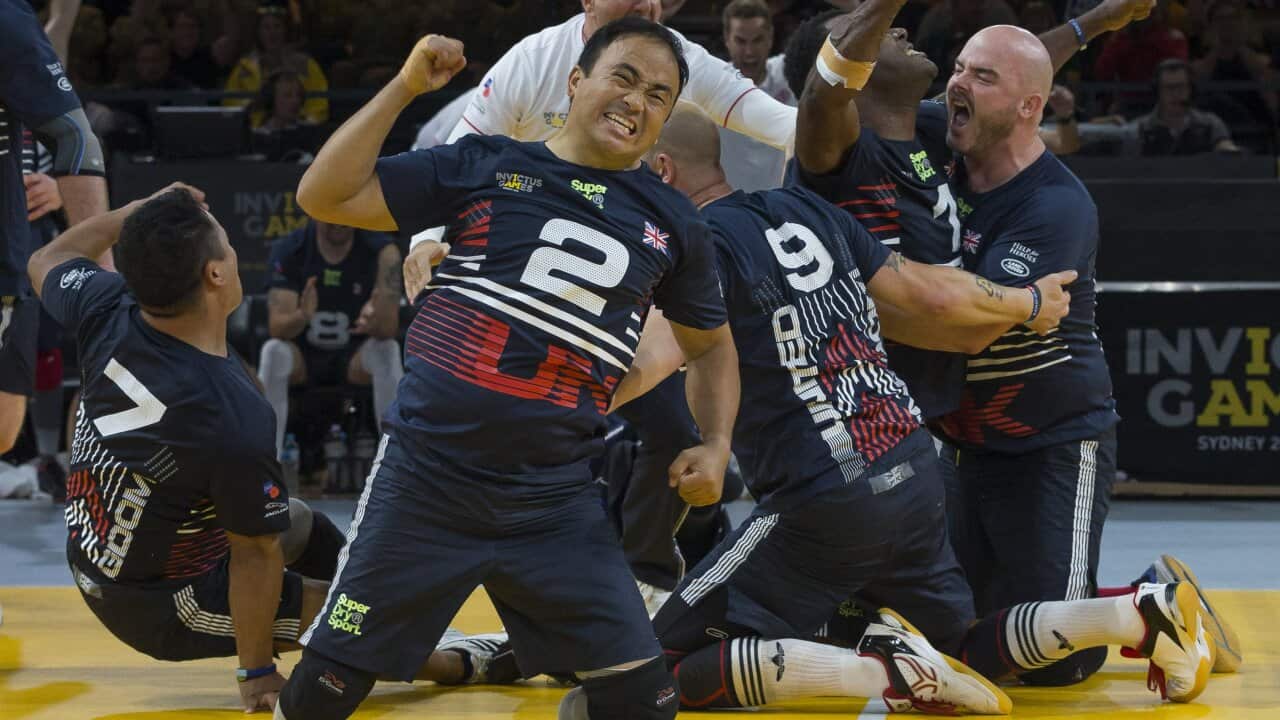 UK celebrate after defeating Jordan during the Sitting Volleyball event at the Invictus Games, in Sydney, Australia.