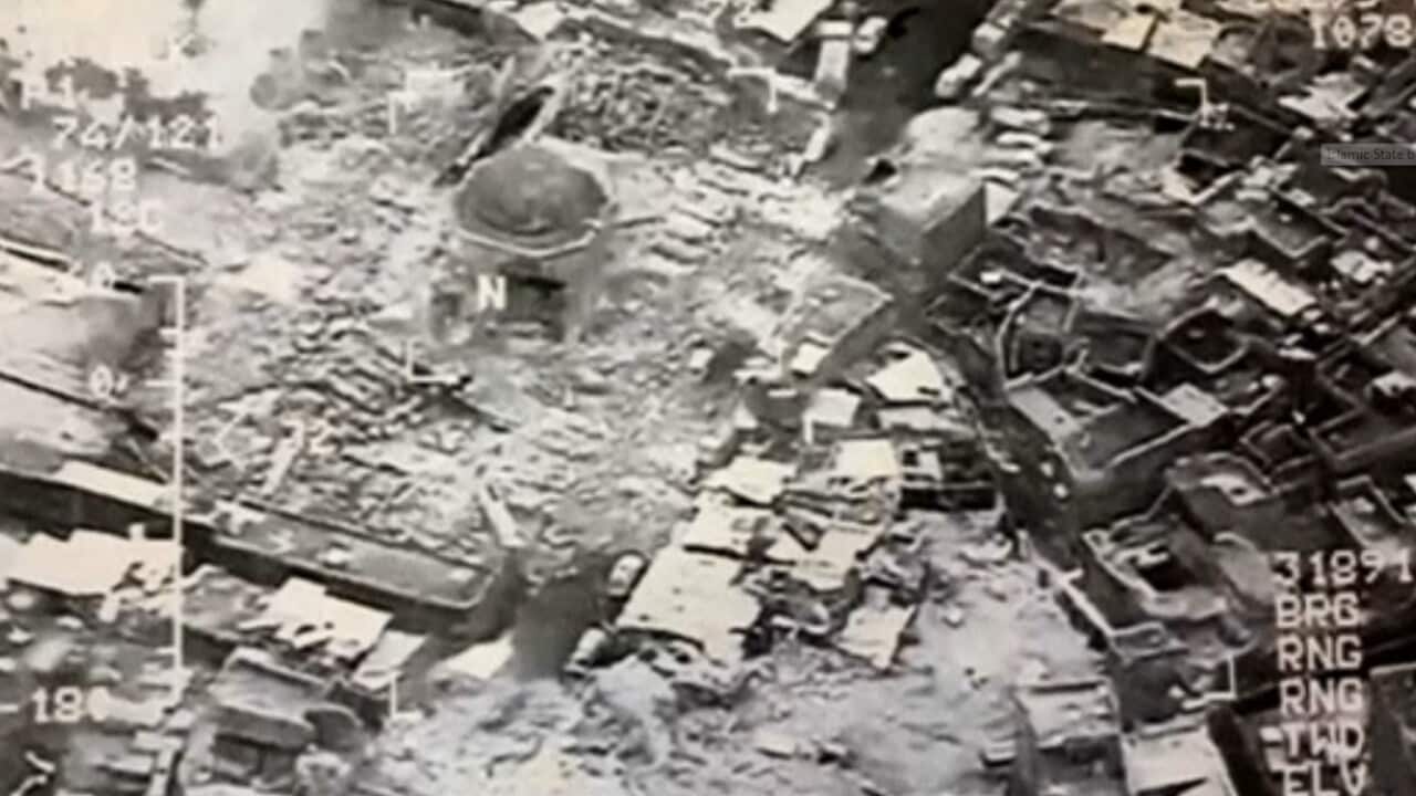 Iraqi Military handout of a still showing the mosque in central Mosul destroyed