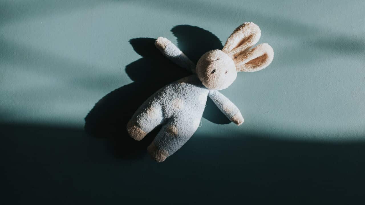 A small plush toy bunny rabbit on the floor.