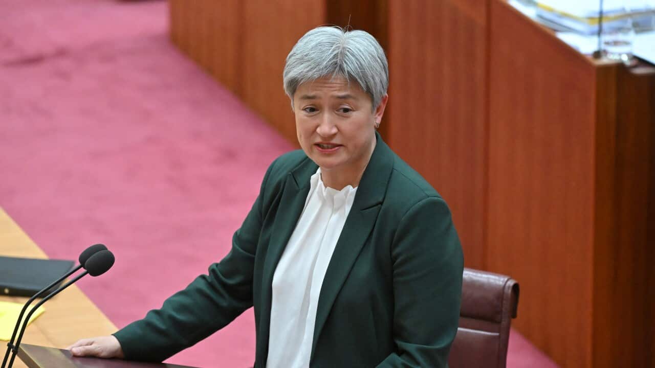 Minister for Foreign Affairs Penny Wong stands at a lectern speaking into a microphone during Question Time in the Senate. She is wearing a dark jacket and a white blouse.