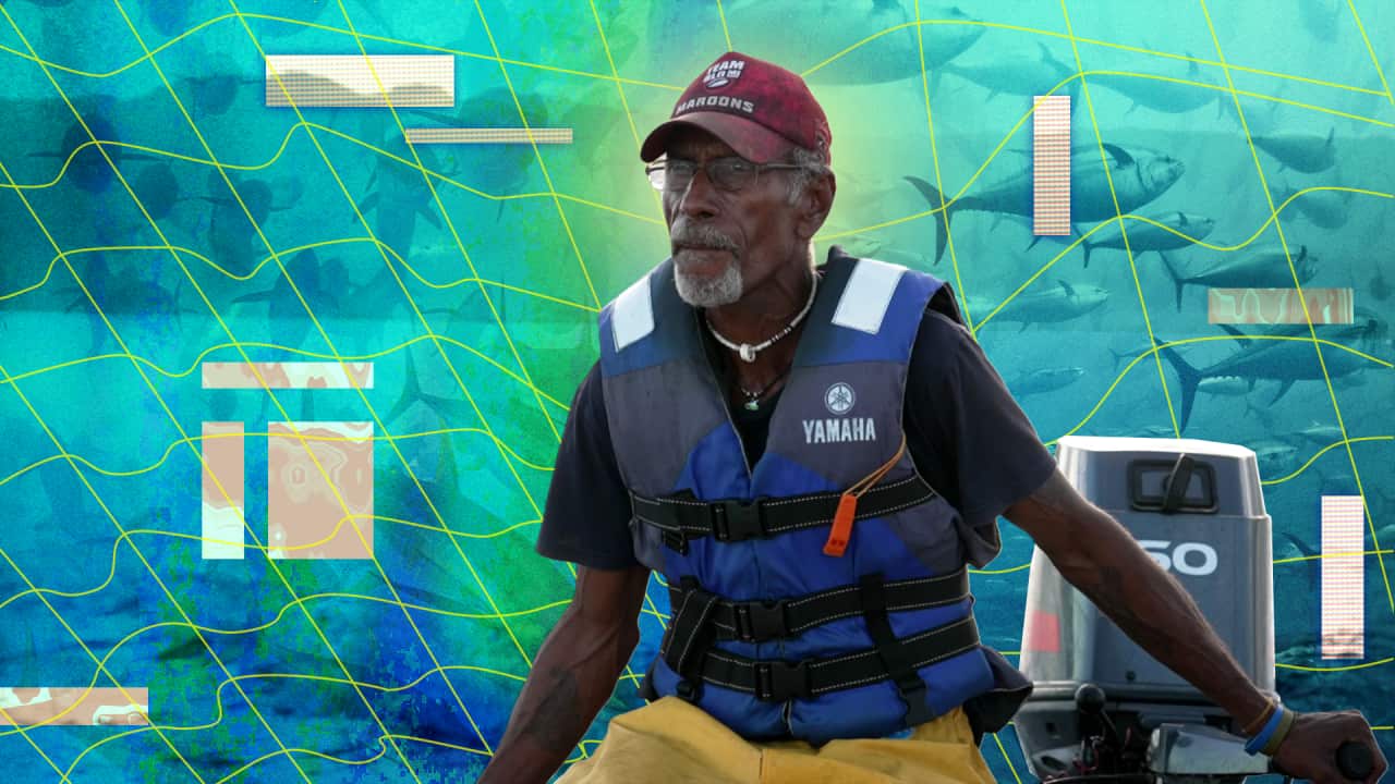 Ben Waleilia, a Solomon Islander man with a grey beard and hair, sits on a speedboat, wearing a life vest and cap. He is surrounded by vibrant blue and green fish against a patterned background.