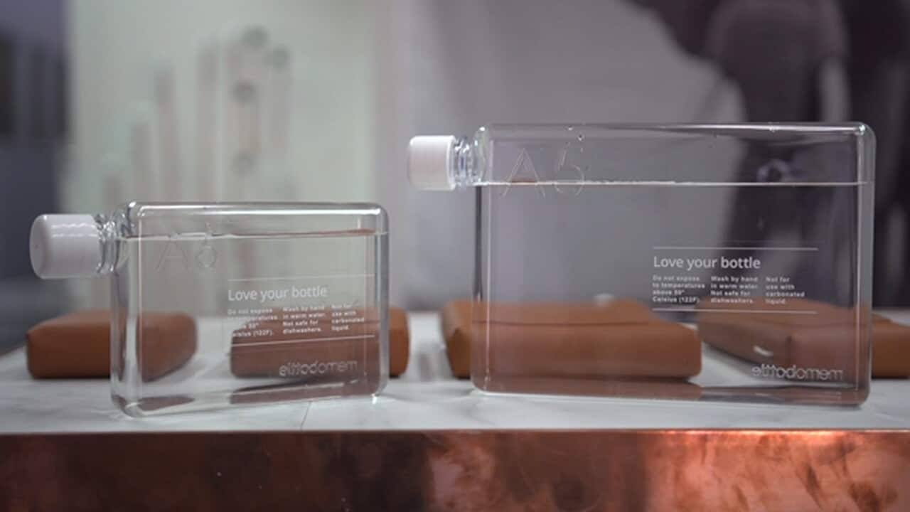 The bottles come in a range of sizes based on standard paper sizes like A4 and A5.