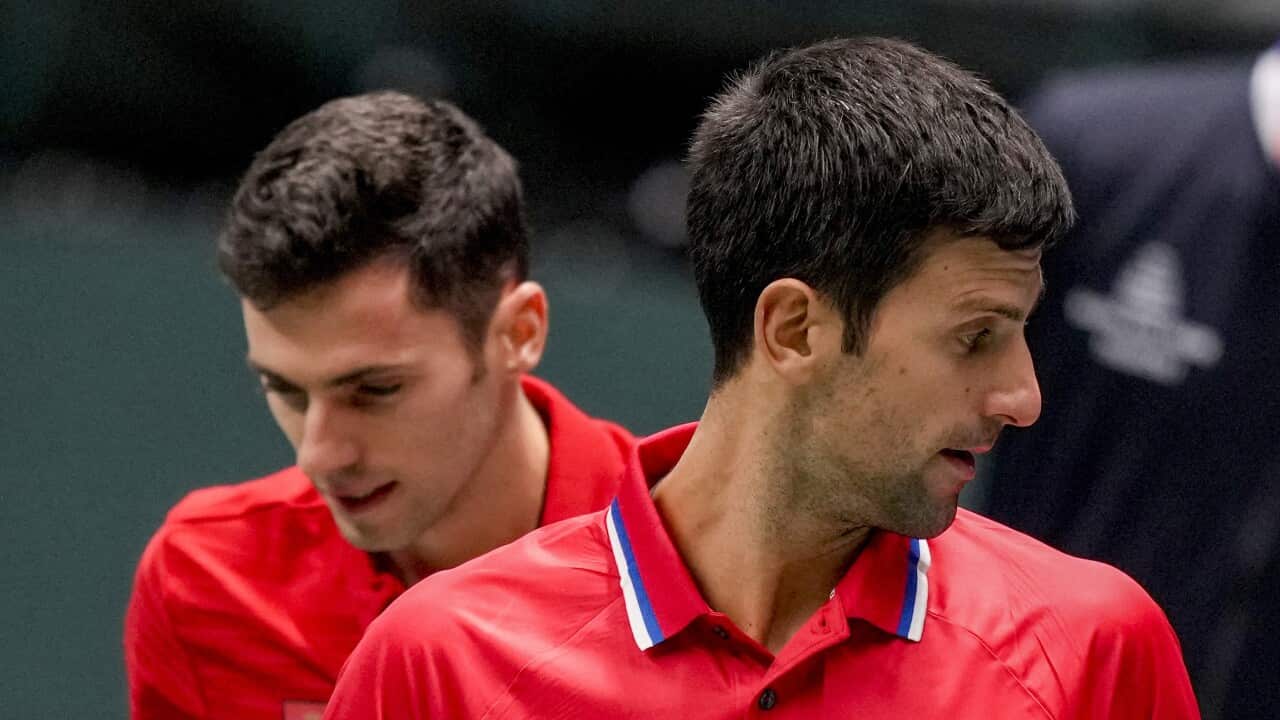 Serbia's Novak Djokovic, right, and Nikola Cacic play against Germany's Tim Puetz and Kevin Krawiwetz in a Davis Cup group F match between Serbia and Germany in Innsbruck, Austria, Saturday, Nov. 27, 2021. (Photo/Michael Probst)