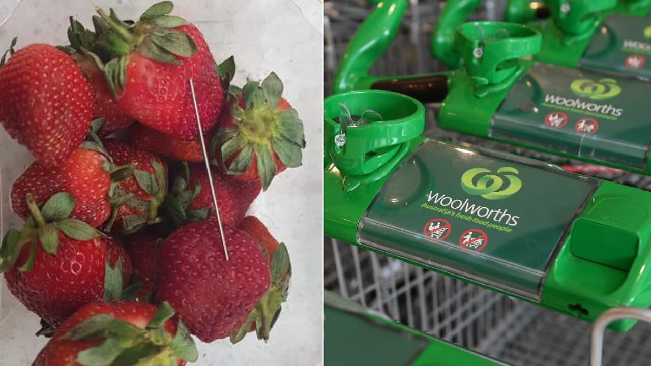 Combo image: A thin piece of metal seen among a punnet of strawberries in Queensland and Woolworths trolleys