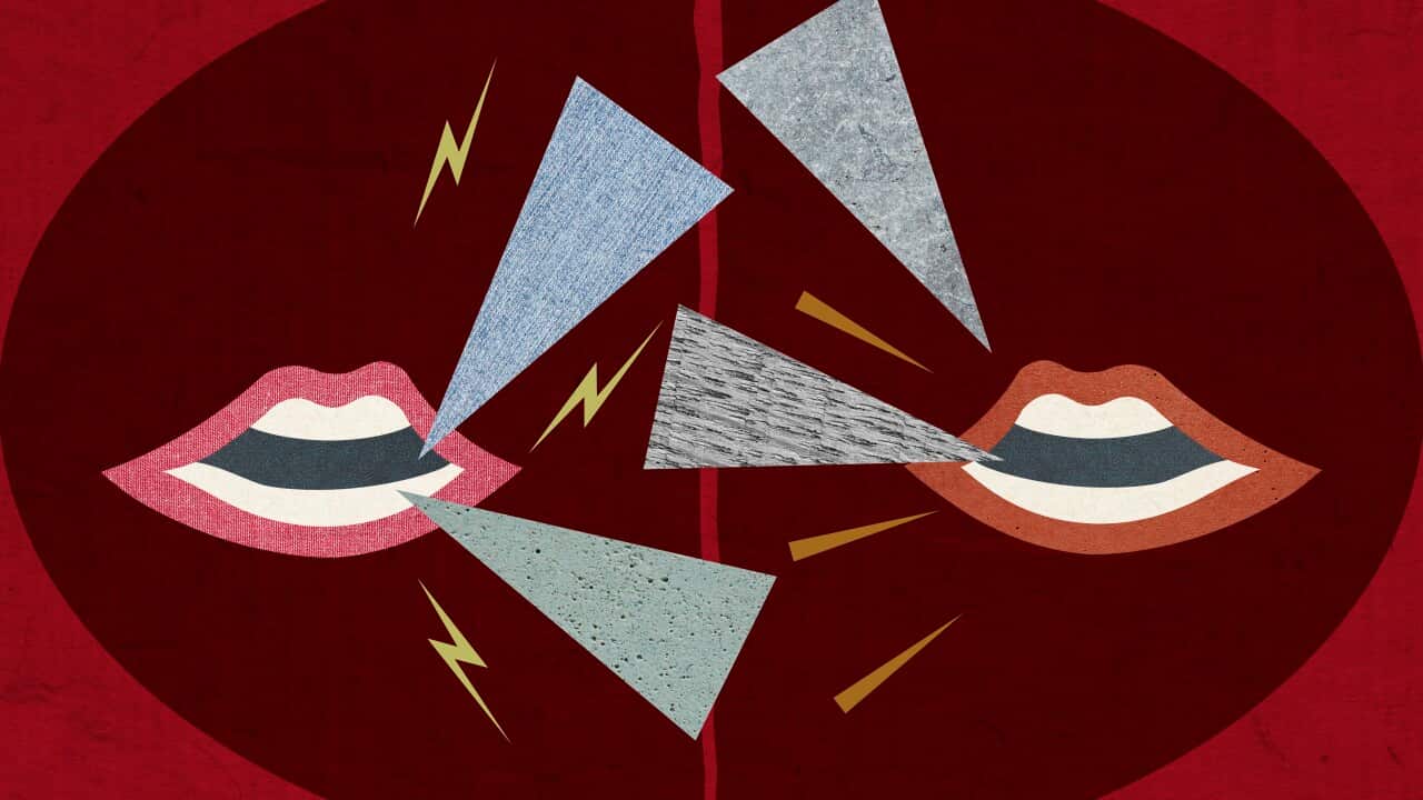 Two mouths arguing with speech bubbles and graphic symbols in between them