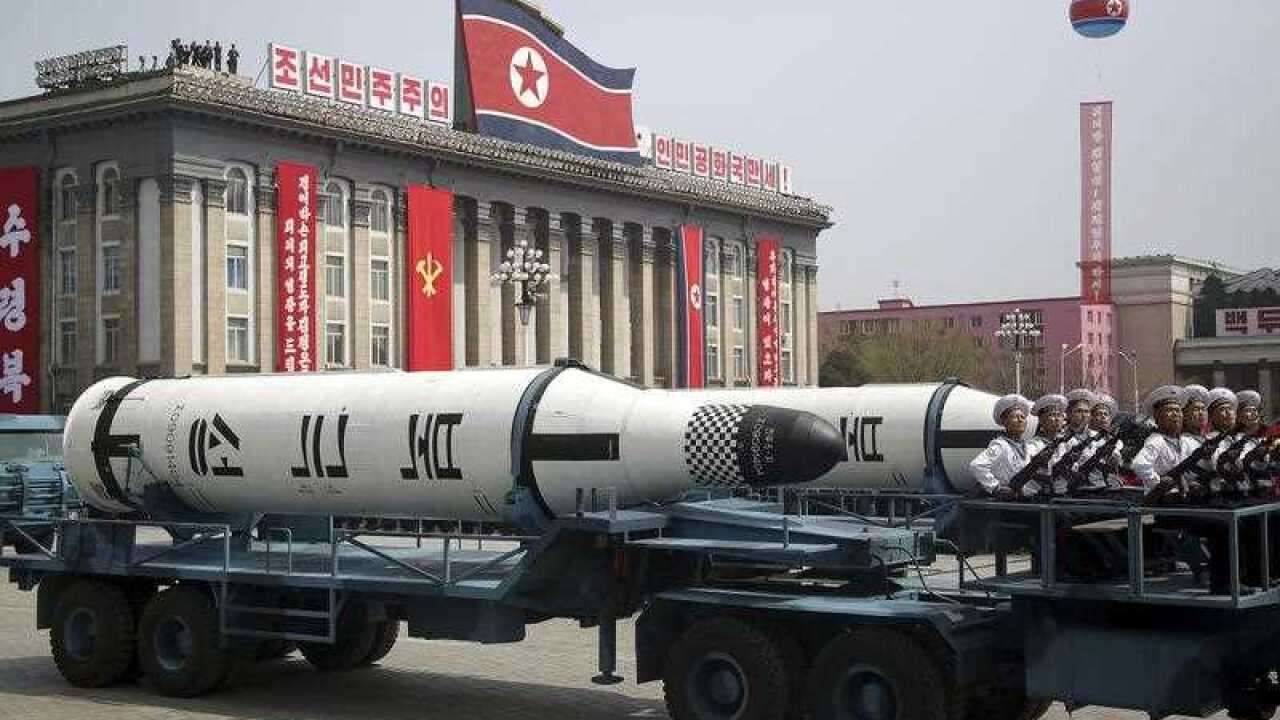 a submarine-launched ballistic missile is displayed in Kim Il Sung Square during a military parade in Pyongyang, North Korea