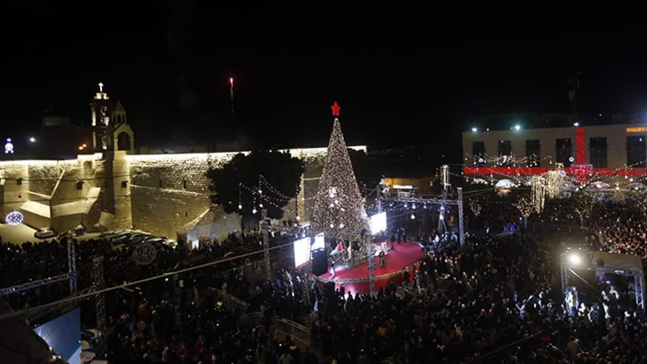 Christmas tree of the Nativity Church in the West Bank city of Bethlehem