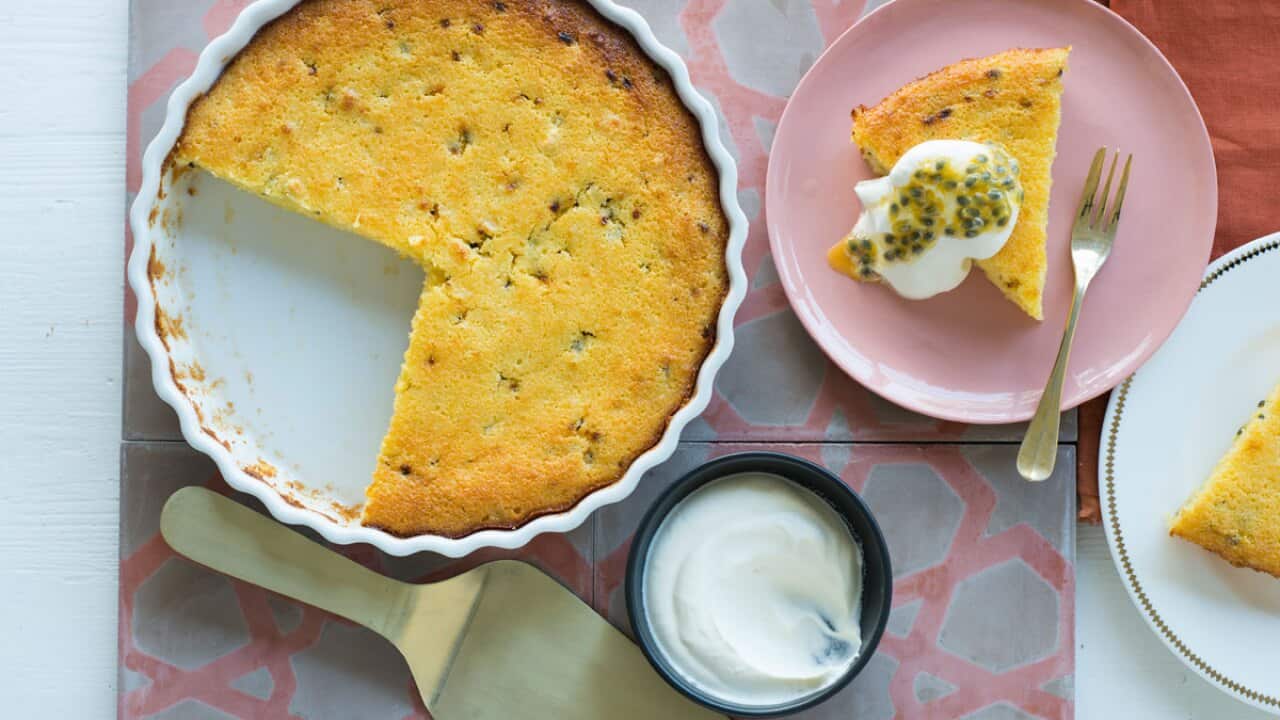 Impossible coconut and passionfruit pie