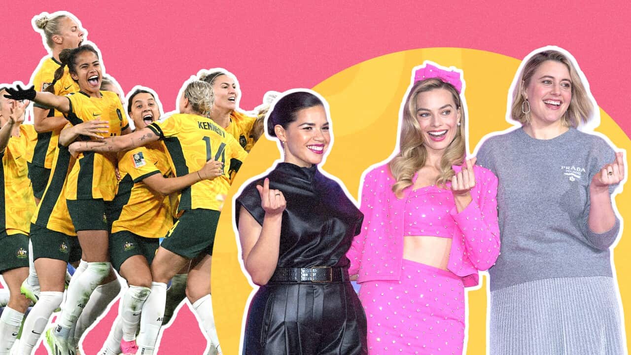 An artwork depicting the Matildas and key women involved in the recent Barbie film.