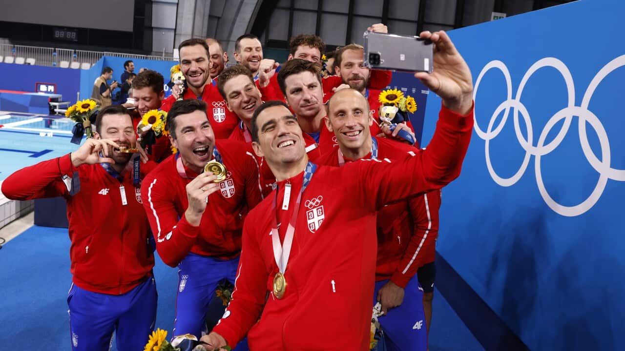 Players of Serbia take a selfie after winning the gold medals during the Men's water polo tournament at the Tokyo 2020 Olympic Games at the Tatsumi Water Polo Centre in Tokyo, Japan, 08 August 2021. EPA/PATRICK B. KRAEMER