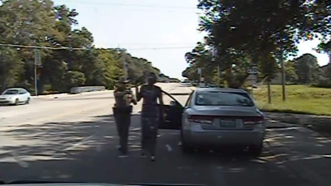 In this frame from dashcam video, trooper Brian Encinia arrests Sandra Bland in Waller County, Texas.