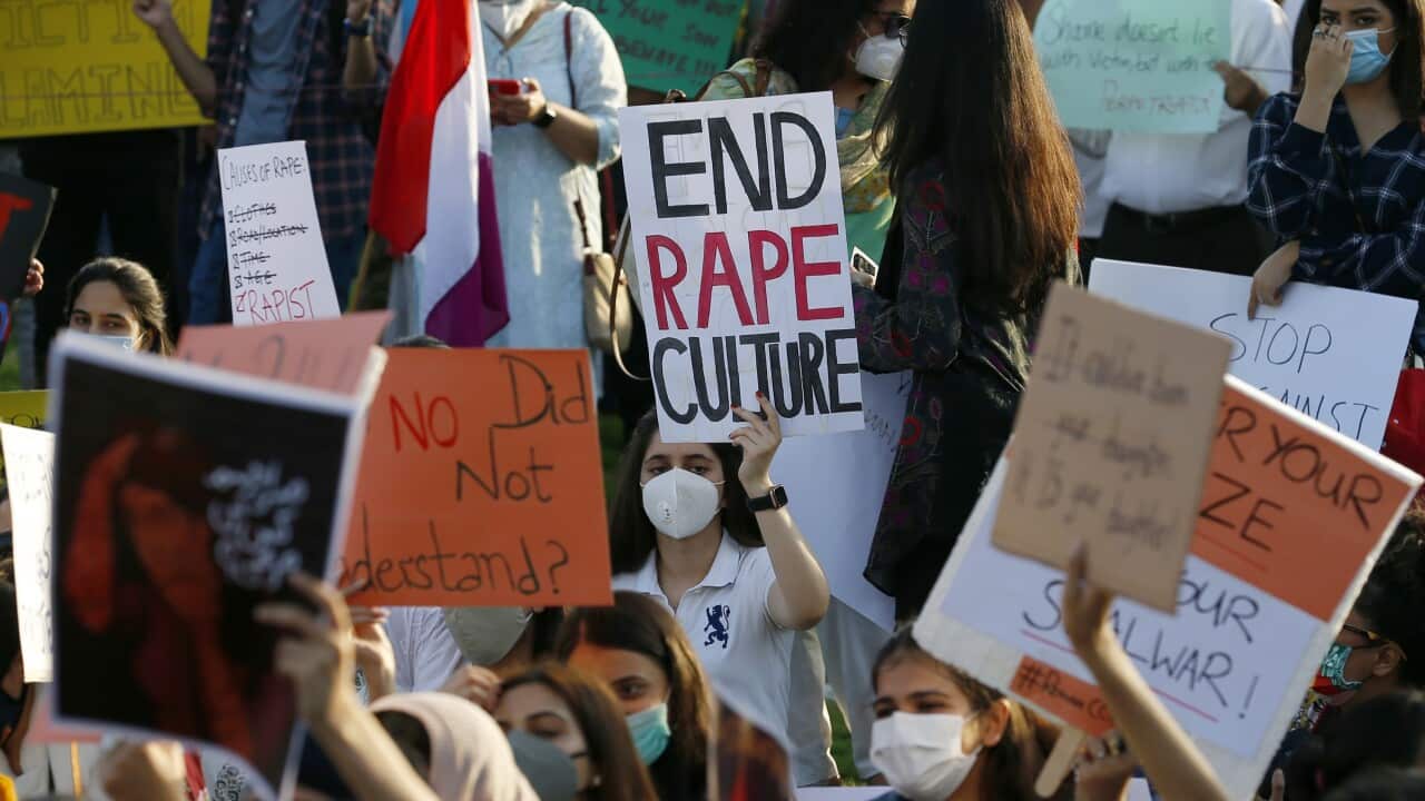 Members of Women Democratic Front take part in a rally to condemn a rape on a deserted highway, in Islamabad, Pakistan, Saturday, Sept. 12, 2020.