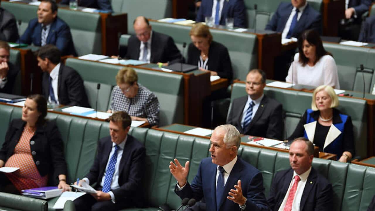Australia's Prime Minister Malcolm Turnbull speaks during House of Representatives Question Time at Parliament House in Canberra, Thursday, Feb. 9, 2017. (AAP Image/Lukas Coch) NO ARCHIVING