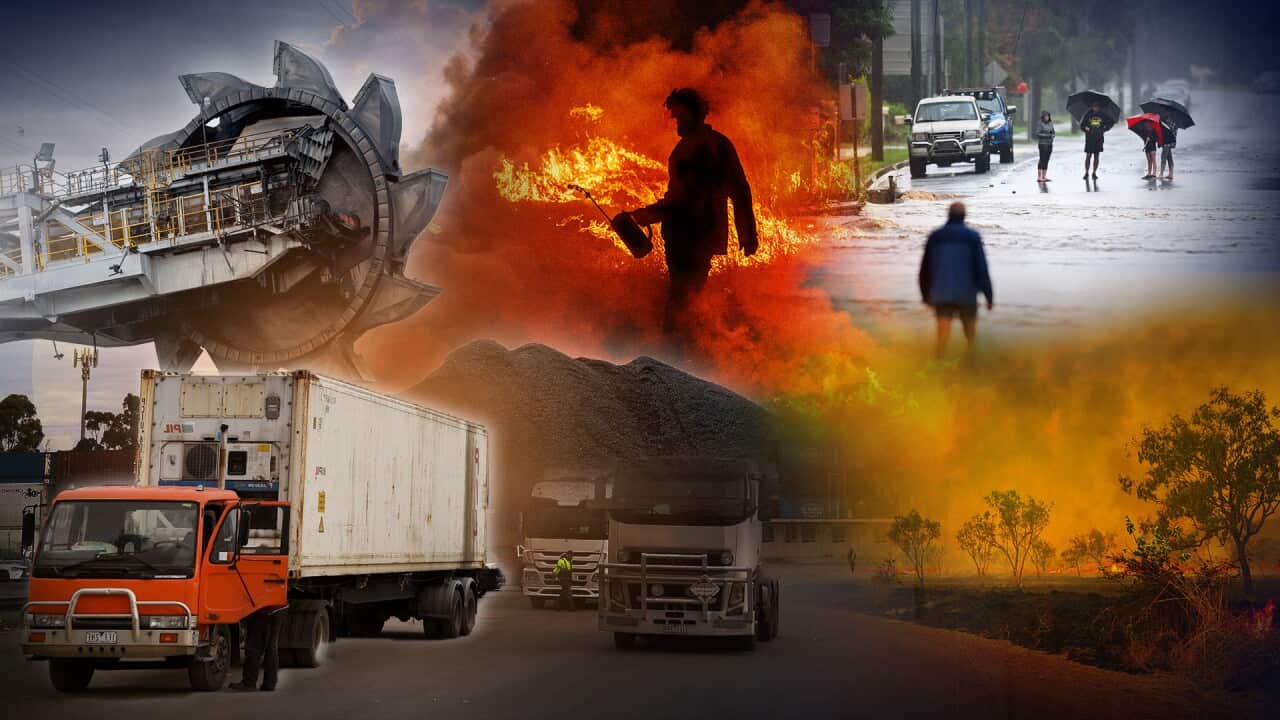 A composite image showing extreme weather events and drivers of CO2 emissions