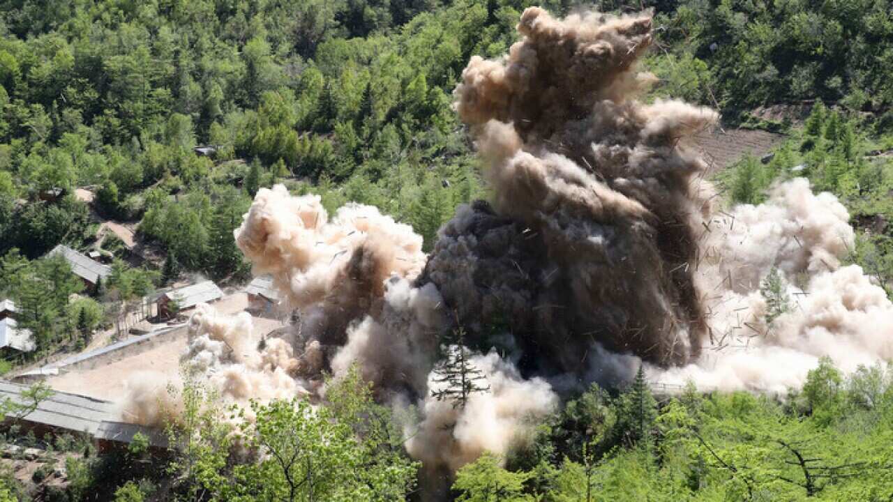 The fourth tunnel of North Korea's nuclear test site is blown up in Punggye-ri (AAP)