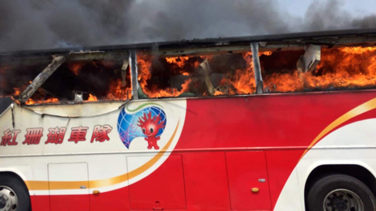 A tourist coach on fire outside Taipei, Taiwan