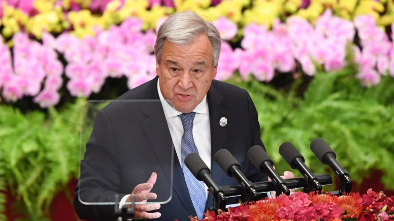 Antonio Guterres, the Secretary-General of the United Nations, speaks during the opening of the 2018 Beijing Summit of the Forum