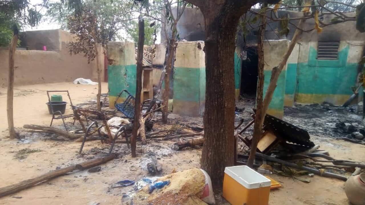 The scene shortly after a violent attack which left about 160 people dead at Ogossogou village in Mali.