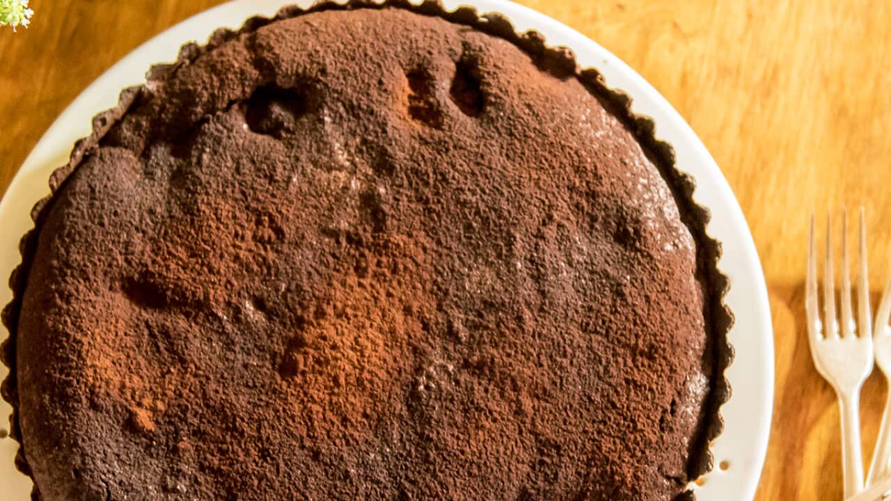 Chocolate, pear & almond tart