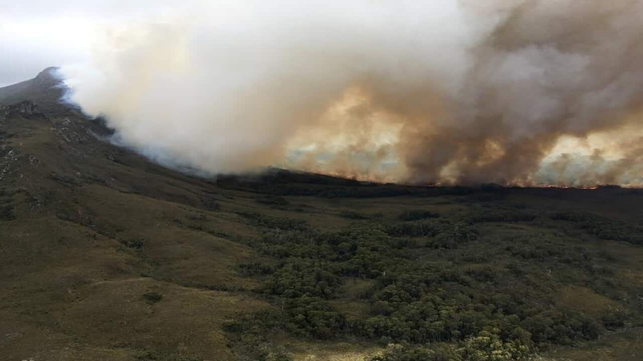 A bushfire burning in Tasmania.