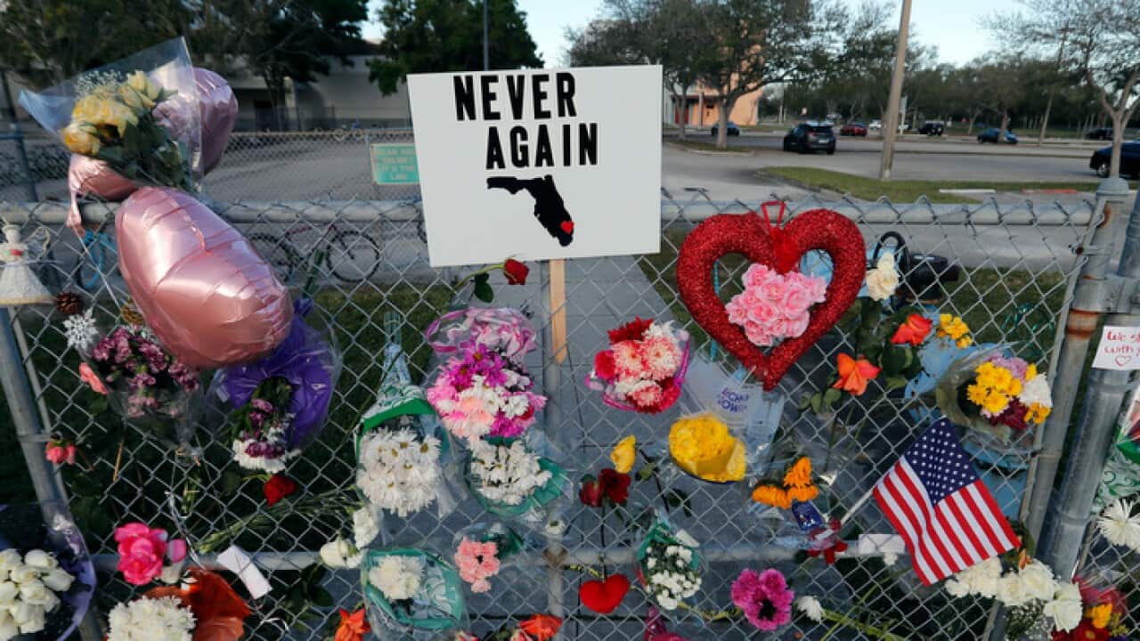 A makeshift memorial outside the Marjory Stoneman Douglas High School, Florida