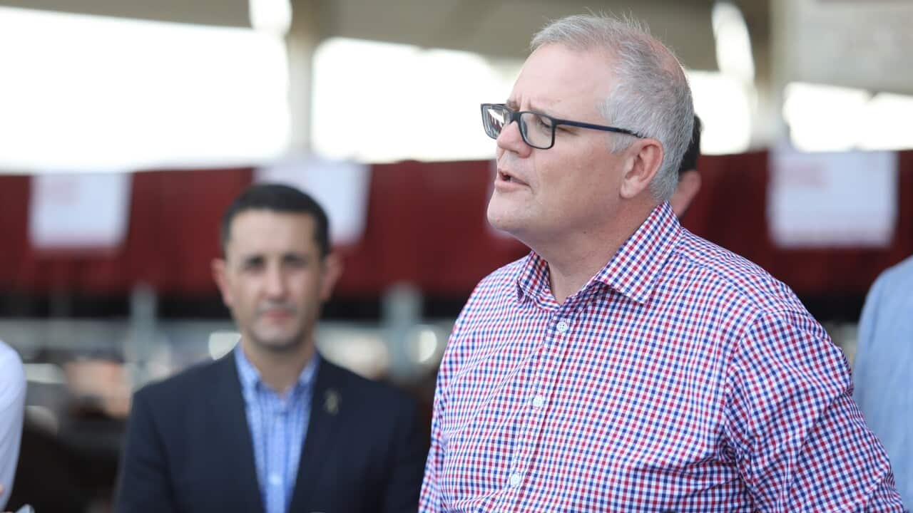 Prime Minister Scott Morrison is seen during a press conference at Beef Australia Expo 2021 in Rockhampton, Queensland, Tuesday, May 4, 2021. (AAP Image/Steve Vit) NO ARCHIVING
