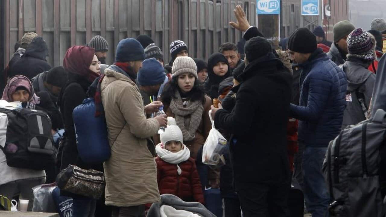 Refugees arrive at the transit center for refugees near northern Macedonian village of Tabanovc