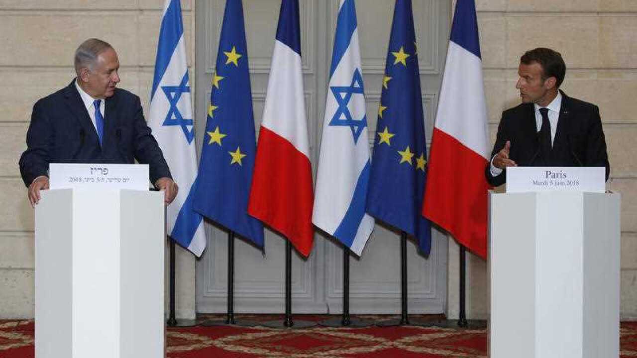 French President Emmanuel Macron and Israel's Prime Minister Benjamin Netanyahu at the joint press conference.