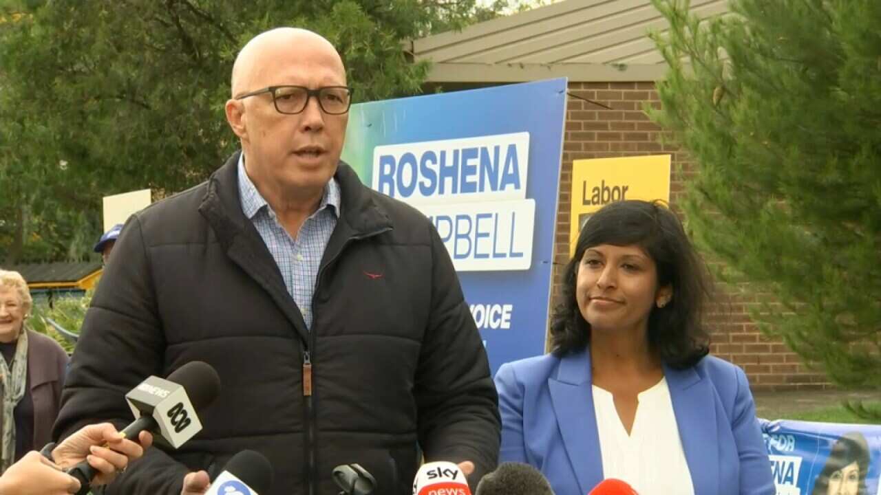 Opposition Leader Peter Dutton and Liberal candidate Roshena Campbell address media on by-election day_SBS.jpg