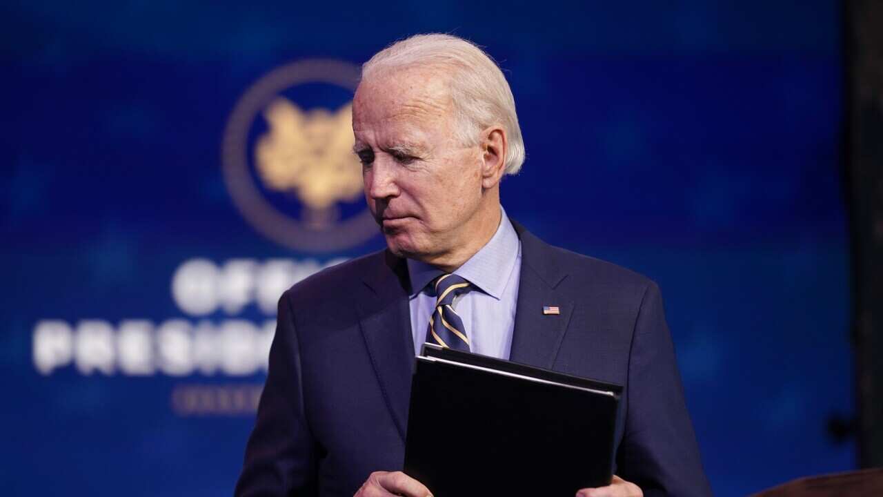 President-elect Joe Biden leaves after speaking at The Queen theater, Delaware, Monday, 28 December, 2020.