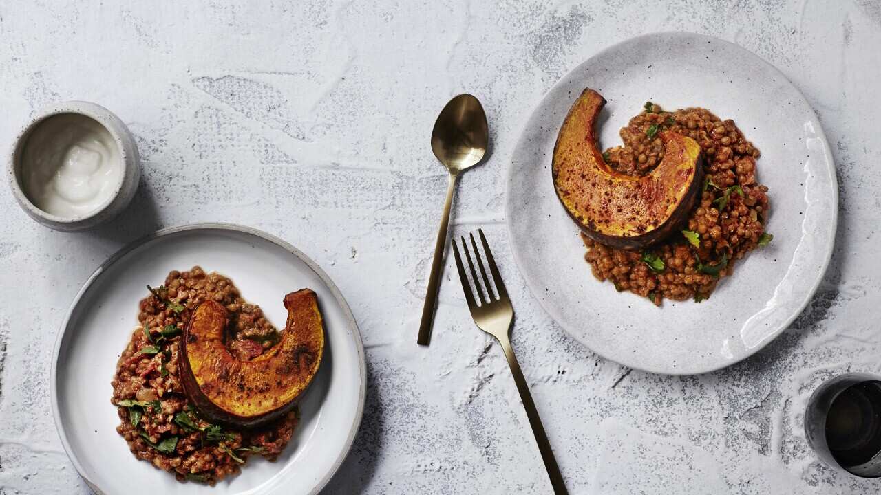 Indian spiced lentils with roast pumpkin and yoghurt