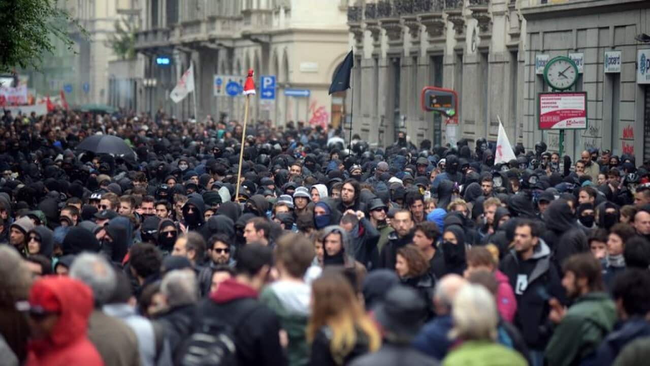 General view of demonstrations against Expo 2015 in Milan, Italy..
