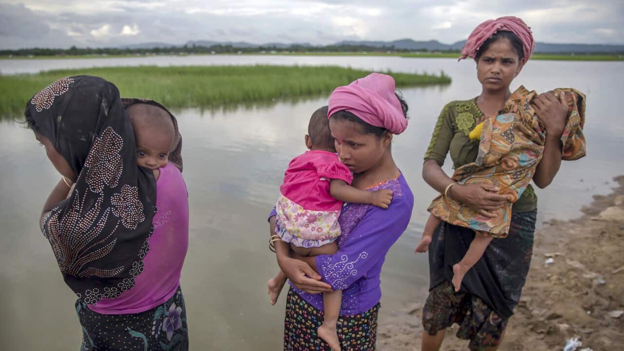Rohingya Muslim women, who crossed over from Myanmar into Bangladesh, stand holding their sick children after Bangladesh border guard soldiers refused to let them journey towards a hospital.