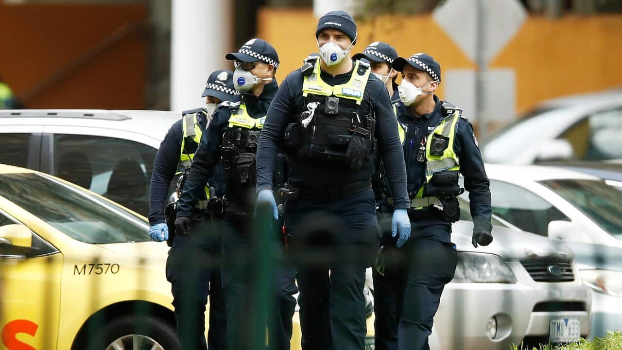 MELBOURNE, AUSTRALIA - JULY 07: Police patrols are seen on July 07, 2020 in Melbourne, Australia. Nine public housing estates are in mandatory lockdown and two additional suburbs are under stay-at-home orders as authorities work to stop further COVID-19 o