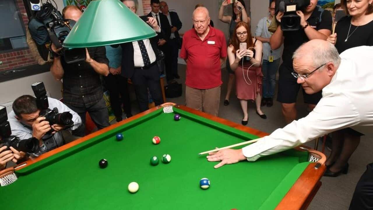 Scott Morrison playing pool at Geelong aged care home.