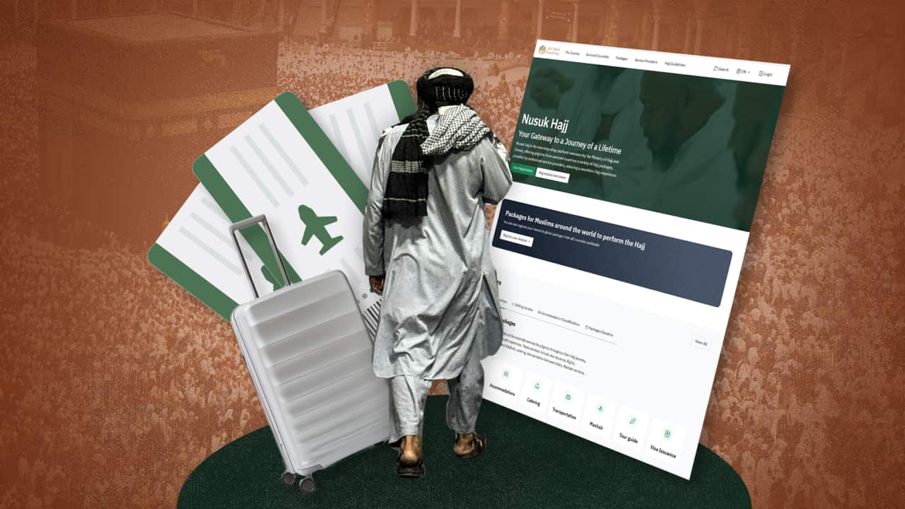 A stylised image of a man walking next to a suitcase, surrounded by boarding passes and the Nusuk booking page, with Mecca and pilgrims in prayer visible in the background.