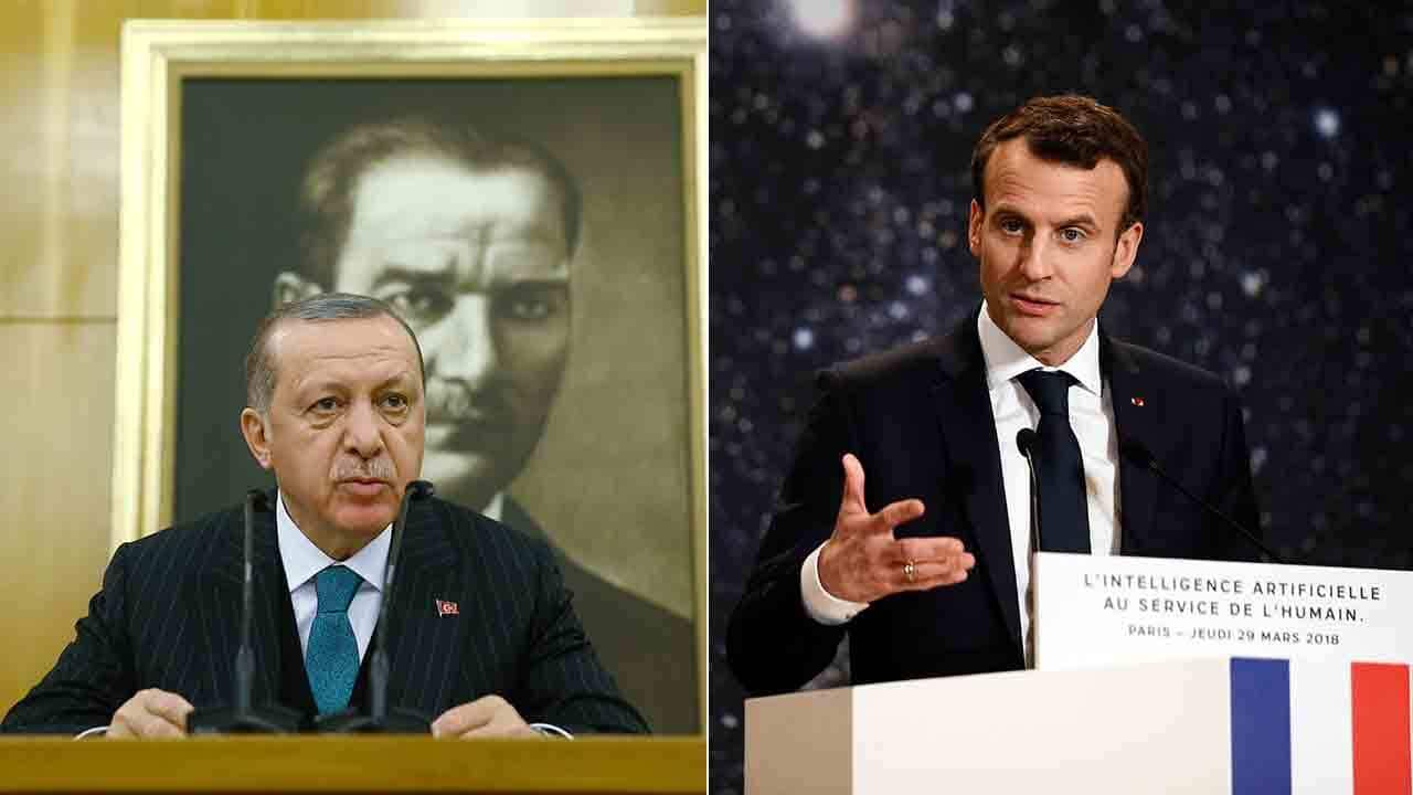 A spokesman for the Turkish President Recep Tayyip Erdogan, left, rejected an offer by Emmanuel Macron that France act as a mediator.