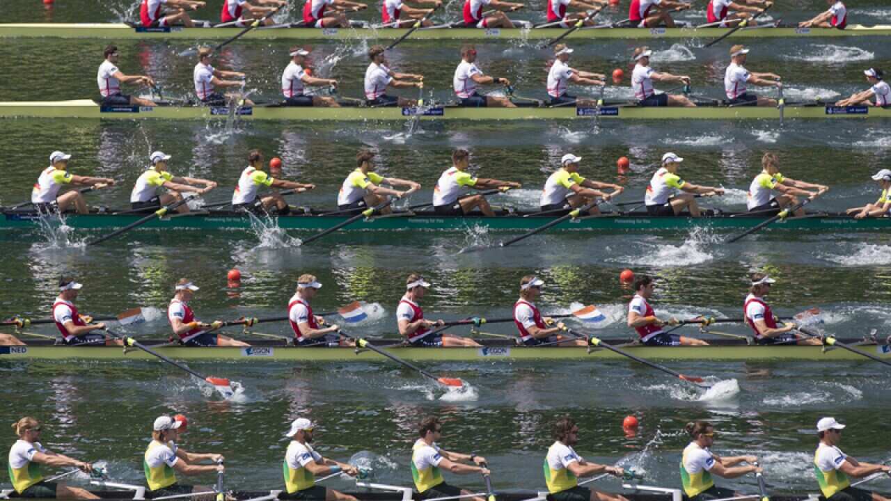 The Australian men's eight team (bottom) at the 2016 Rowing World Cup
