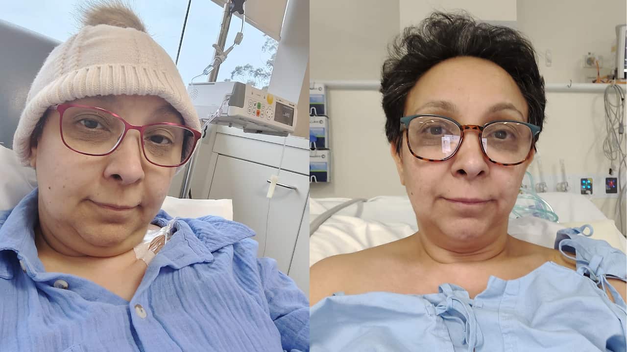 Two images of a woman lying on a hospital bed wearing a blue gown. She wears glasses and has a beanie on her head in one photograph.