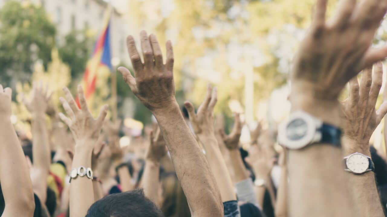 protest with people hands in air