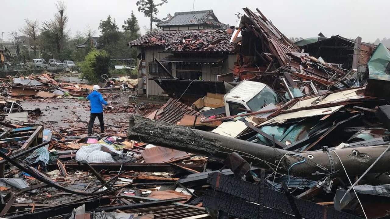 Damaged houses caused by weather patterns from Typhoon Hagibis are seen in Ichihara, Chiba prefecture on October 12, 2019.