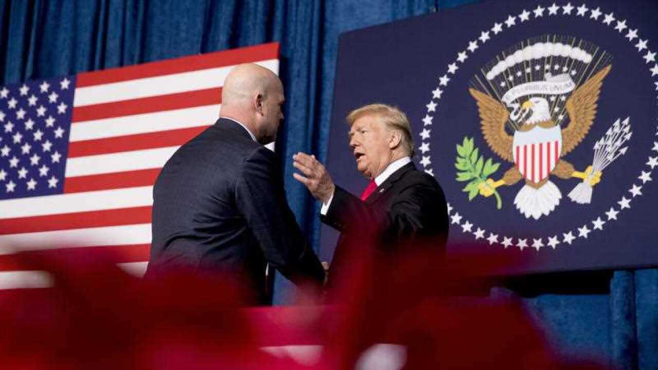 President Donald Trump shakes hands with acting United States Attorney General Matt Whitaker.