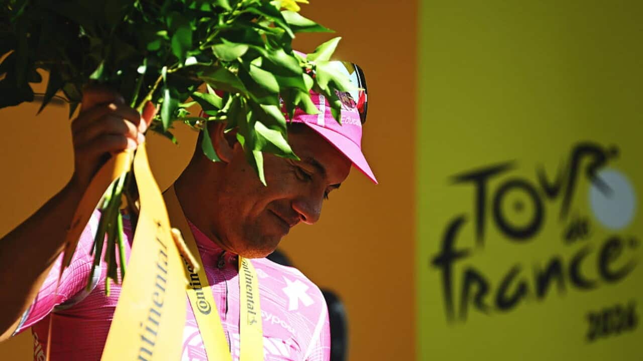 ORCIERES, FRANCE - JULY 23: Richard Carapaz of Ecuador and Team EF Education - EasyPost celebrates at podium as stage winner during the 113th Tour de France 2026, Stage 18 a 185.2km stage from Voiron to Orcieres-Merlette 1825m / #UCIWT / on July 23, 2026 in Orcieres, France. (Photo by Tim de Waele/Getty Images)
